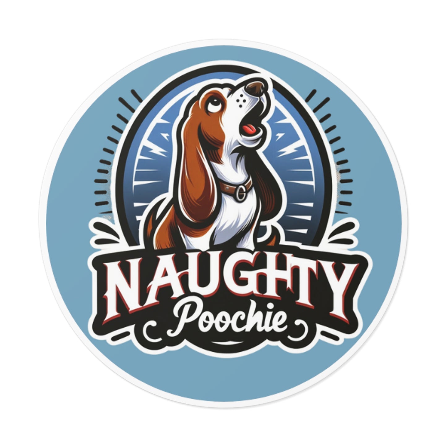 Round Vinyl Stickers - Naughty Basset Hound