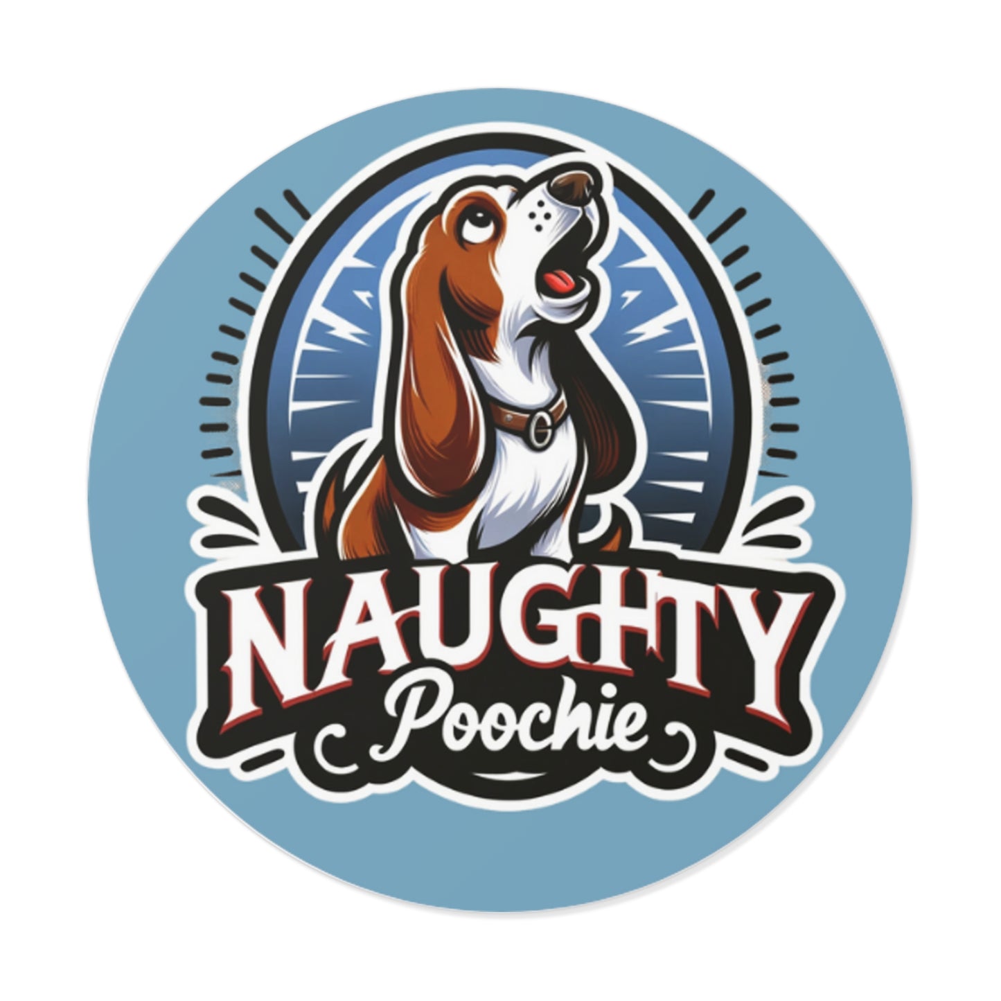 Round Vinyl Stickers - Naughty Basset Hound