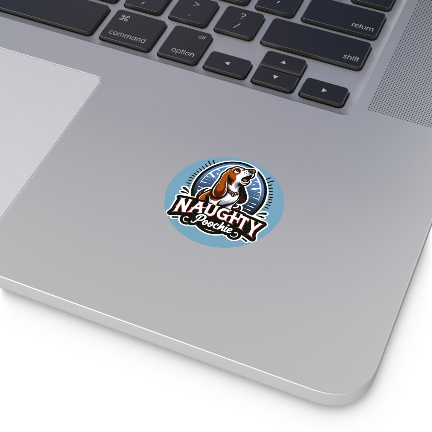 Round Vinyl Stickers - Naughty Basset Hound