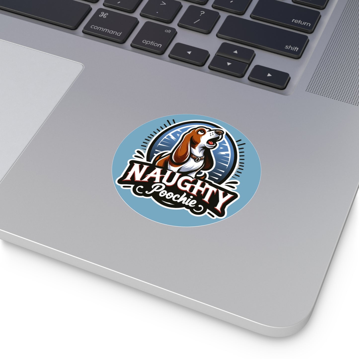 Round Vinyl Stickers - Naughty Basset Hound