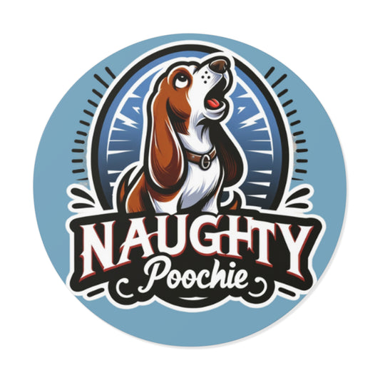 Round Vinyl Stickers - Naughty Basset Hound