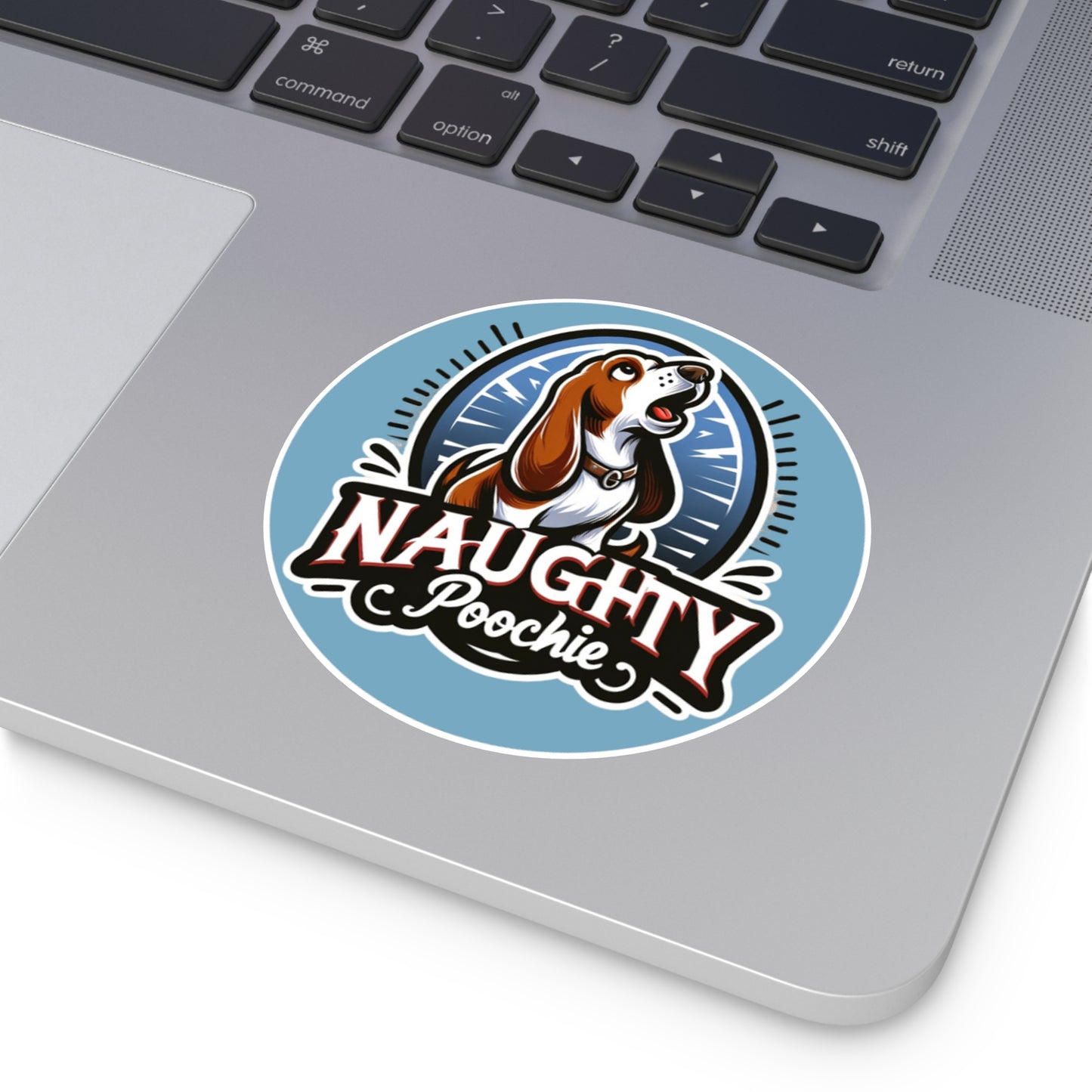 Round Vinyl Stickers - Naughty Basset Hound